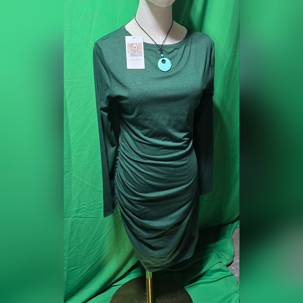 Bodycon Ruched Long Sleeve Dress Dark Green NWT, KIRUNDO Boutique, Size 3 Ladies - Picture 6 of 13